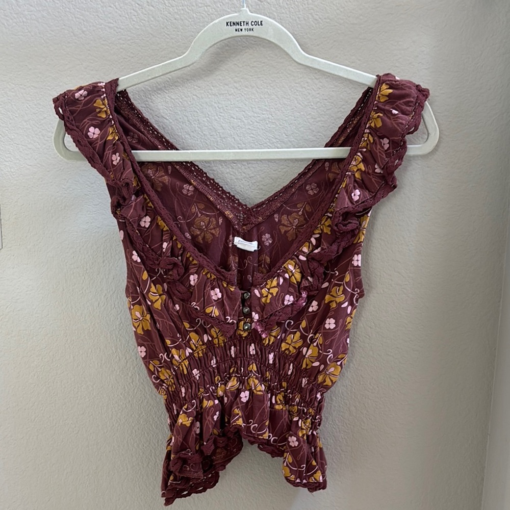 Urban Outfitters Red Flutter Sleeve Smocked Blouse